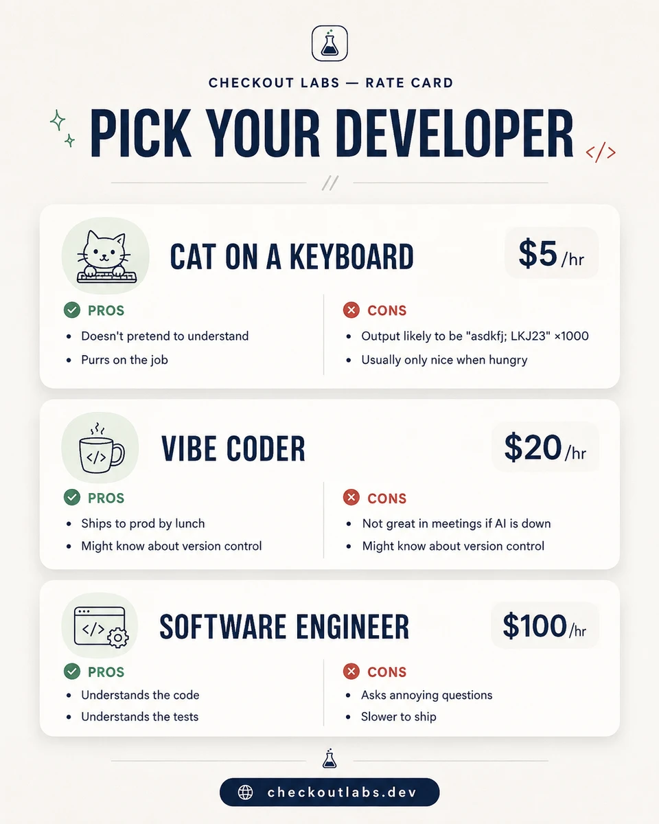 A CheckoutLabs rate card, styled as a joke, comparing three developer options: a cat on a keyboard at $5 per hour, a vibe coder at $20 per hour, and a software engineer at $100 per hour, each with a pros and cons list.