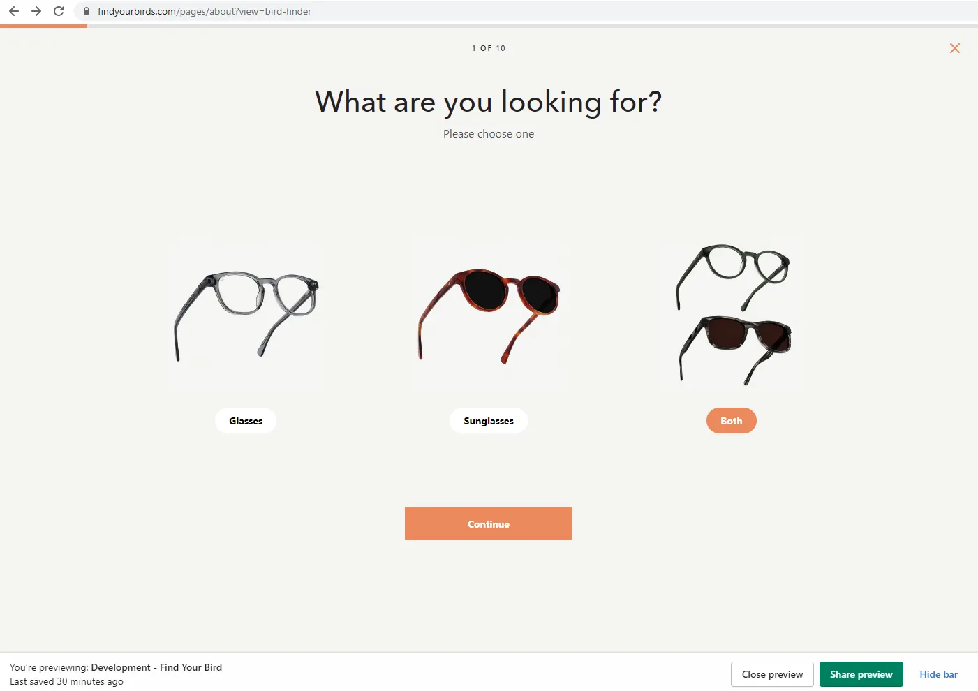 Bird Eyewear Frame Finder quiz question step