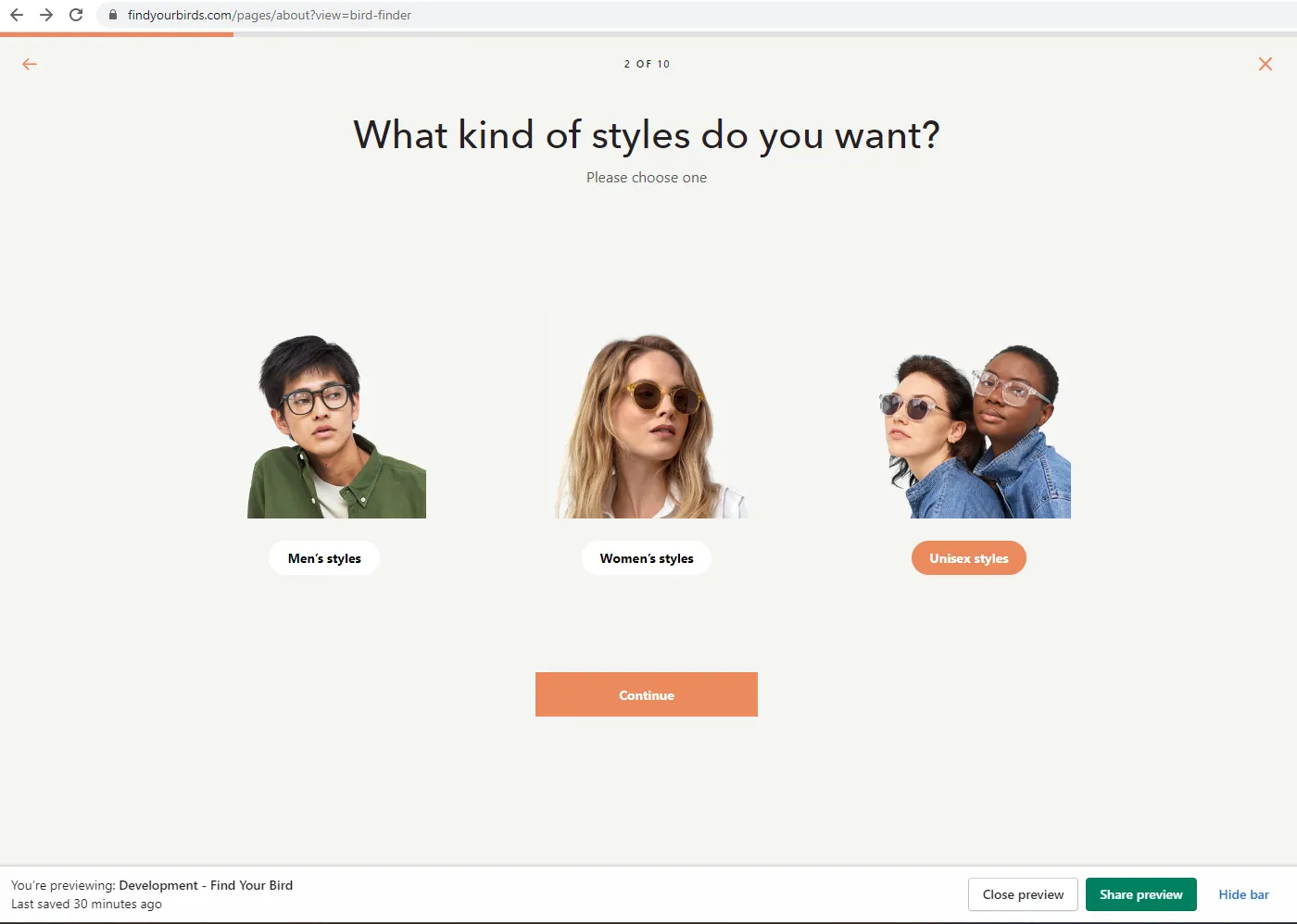 Bird Eyewear Frame Finder quiz style preference step