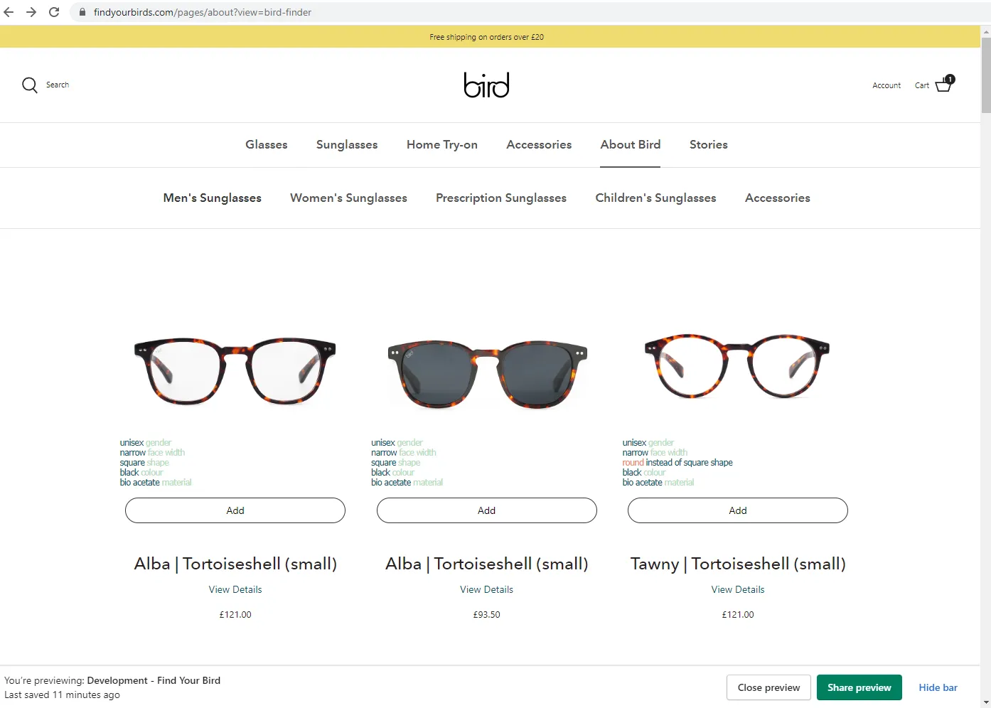 Bird Eyewear Frame Finder quiz recommended results