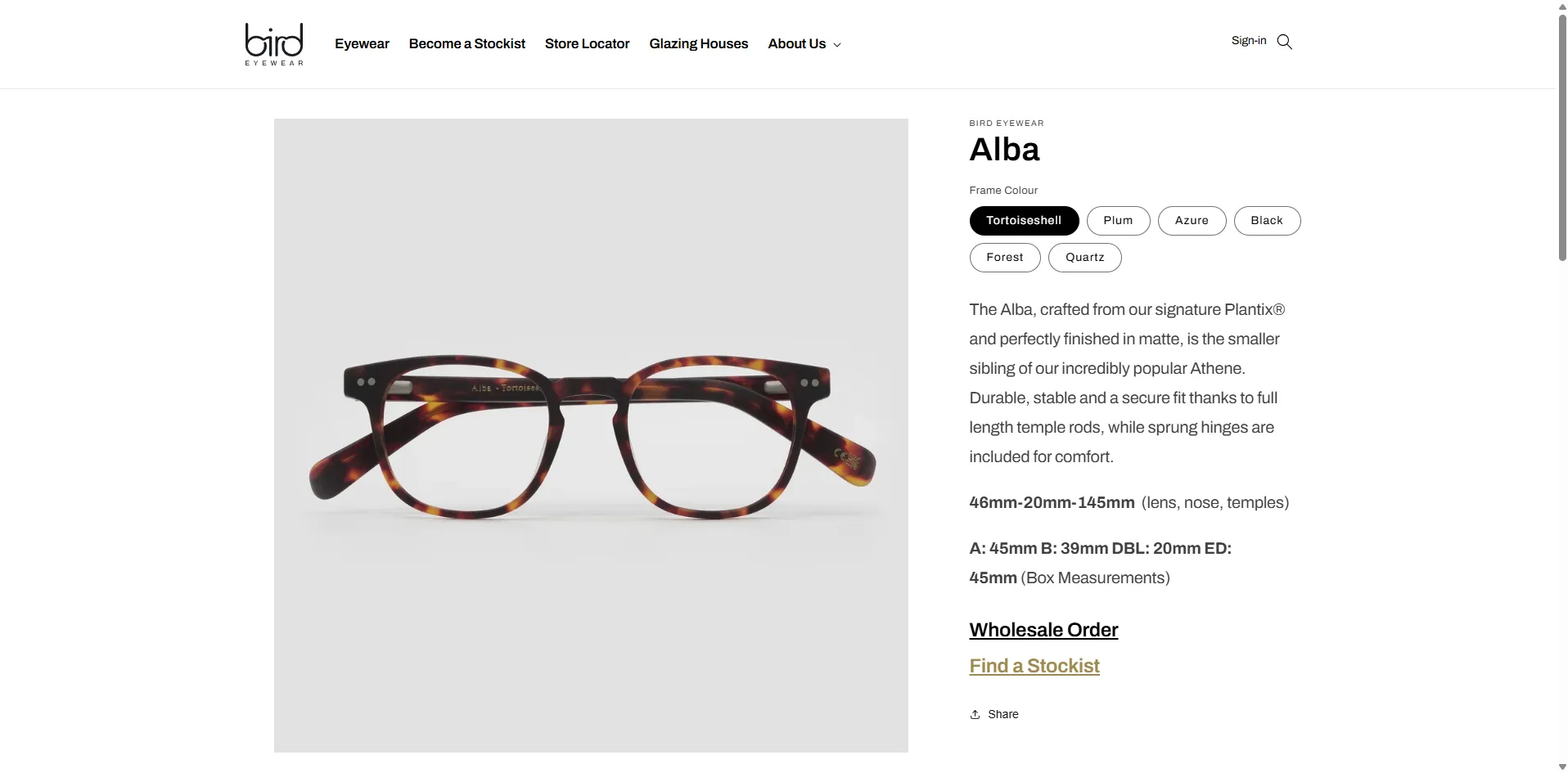 Bird Eyewear product page desktop
