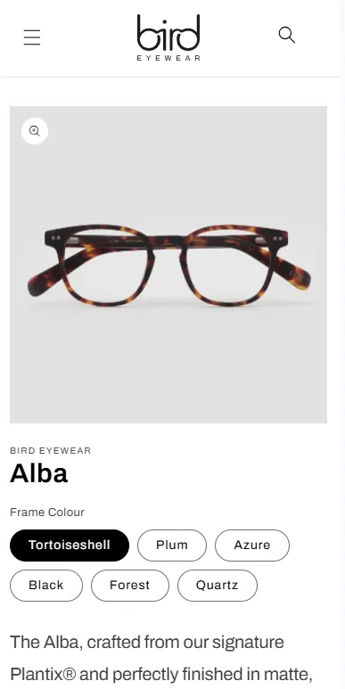 Bird Eyewear product page mobile