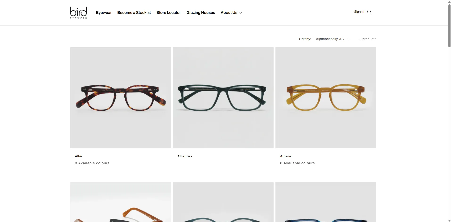 Bird Eyewear collection page desktop
