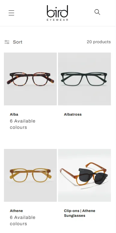 Bird Eyewear collection page mobile