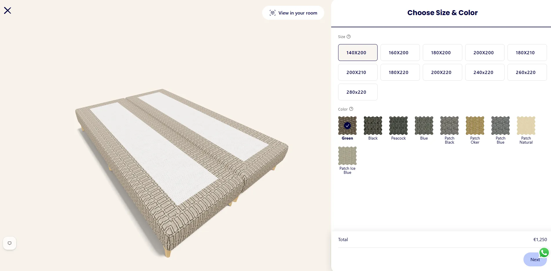 The Boxspring Club configurator size and color selection
