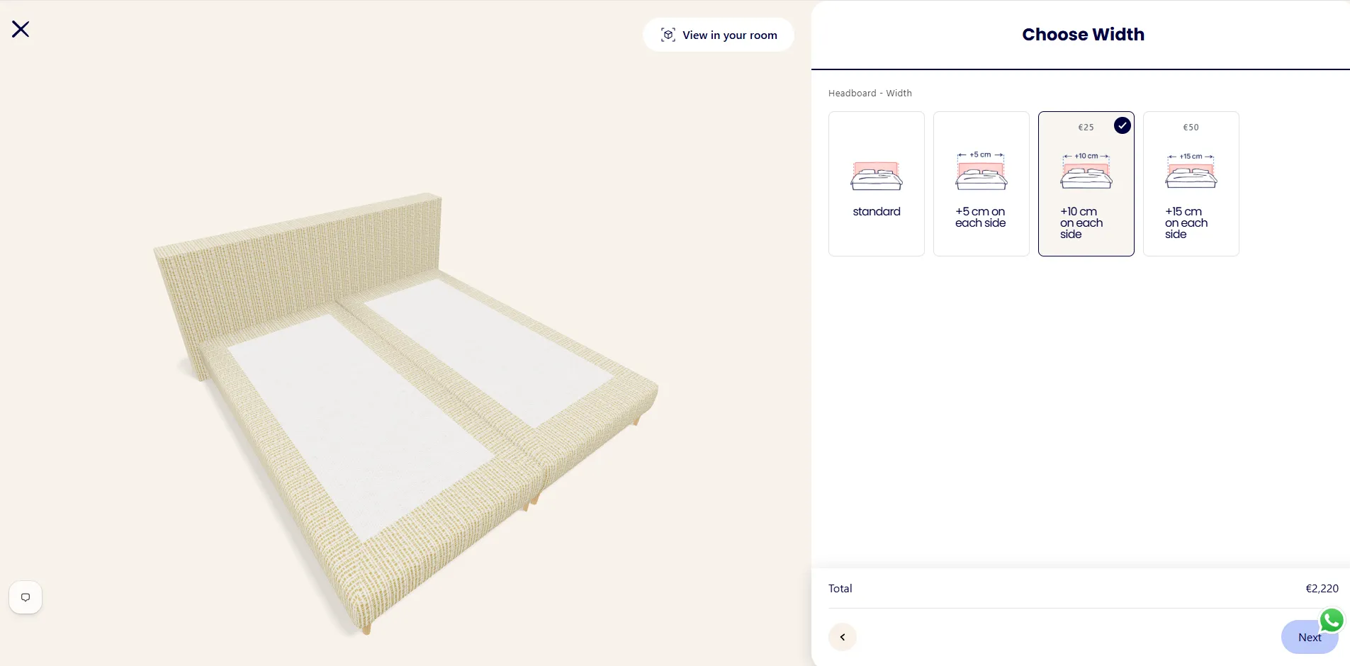 The Boxspring Club configurator headboard width selection