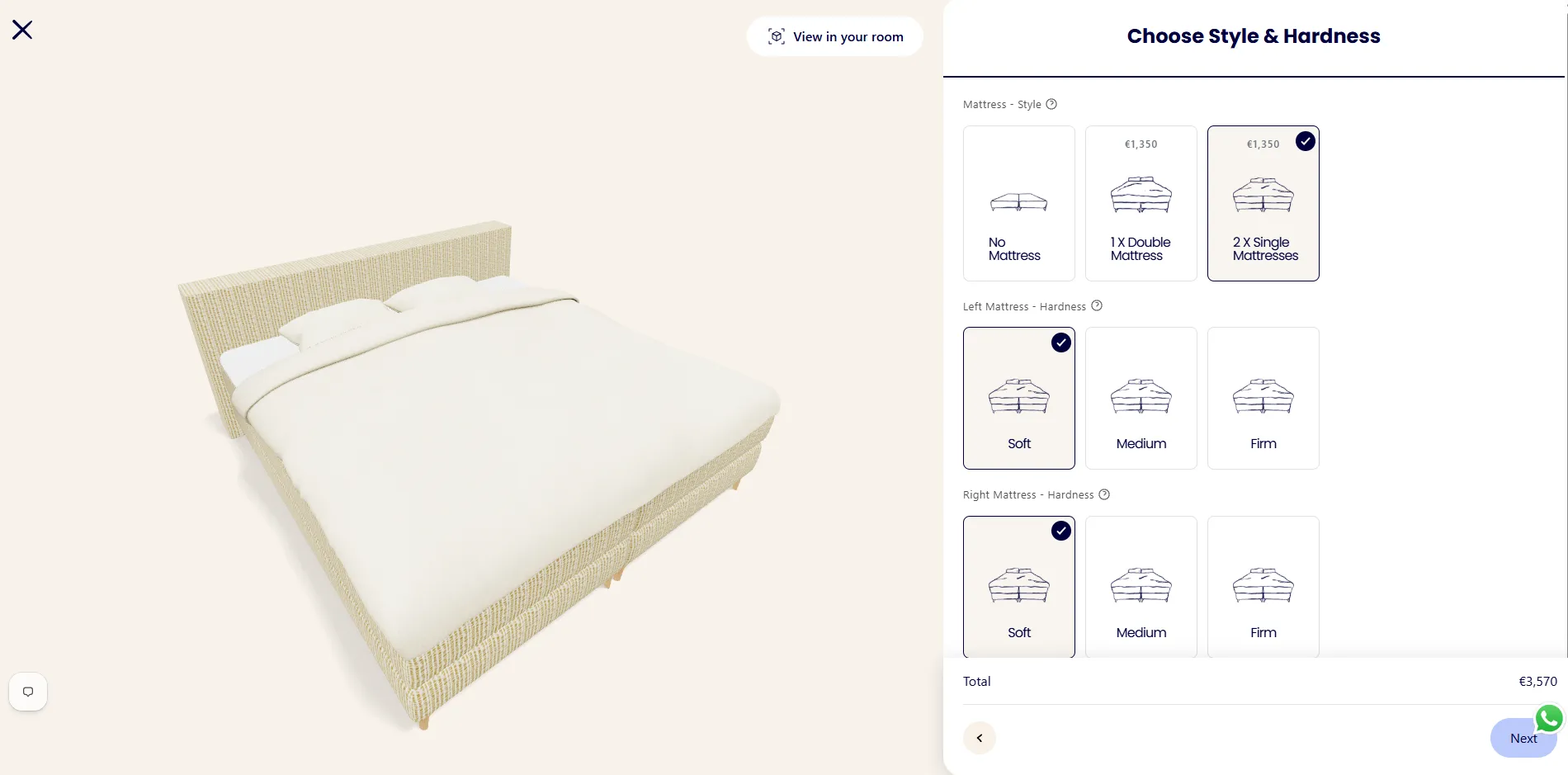 The Boxspring Club configurator mattress style and hardness selection