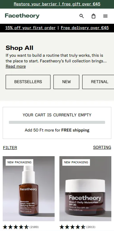 FaceTheory collection page mobile